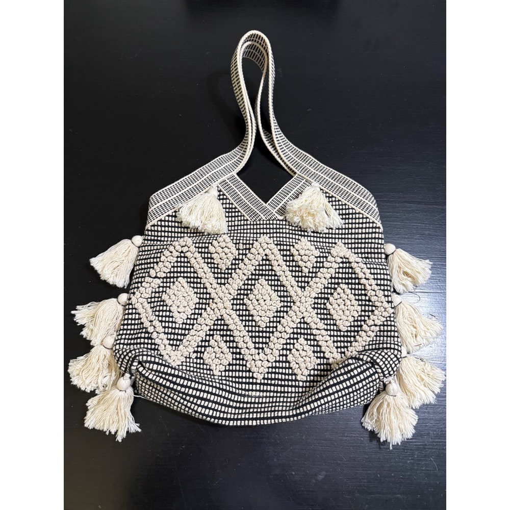 Woven Tassel Tote Bag Black Cream Geometric Diamond Boho 4056469